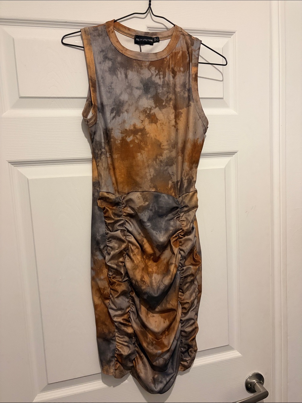 PrettyLittleThing Brown & Gray Tie-Dye Ruched Mini Dress
